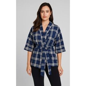 Pendleton Women's Plaid Top Tie Front Short Sleeve Navy‎ Blue Medium